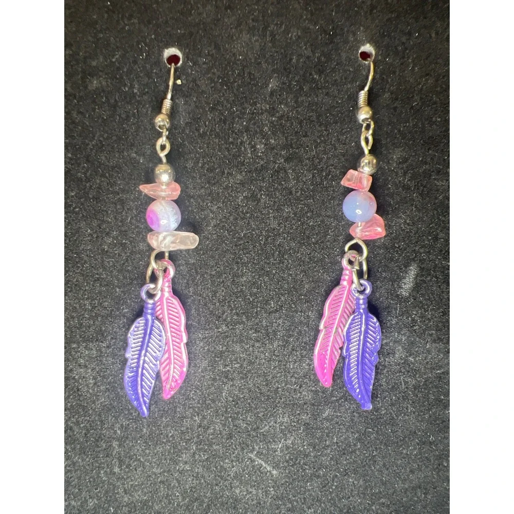 Boho Feather Earrings Pink Purple Beaded Dangle Drop Tribal‎ Festival